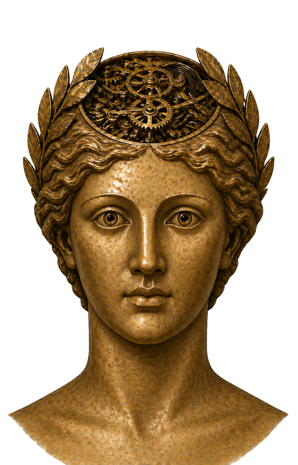 A bronze classical Greek sculpted head, eyes meeting the viewer, with clockwork gears visible through a cutaway at the crown.