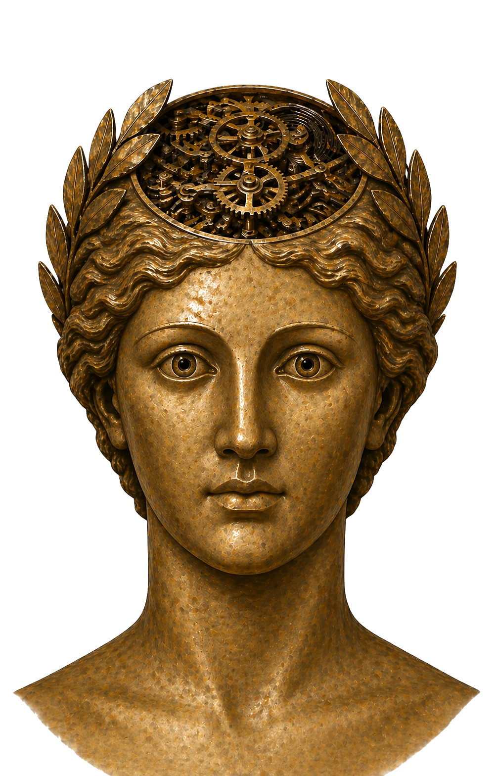 A bronze classical Greek sculpted head, eyes meeting the viewer, with clockwork gears visible through a cutaway at the crown.